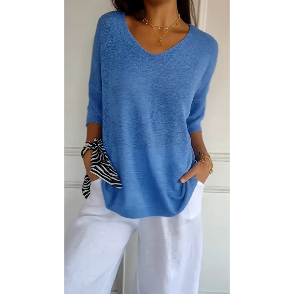 Blusa de Malha com Decote em V de Cor Sólida