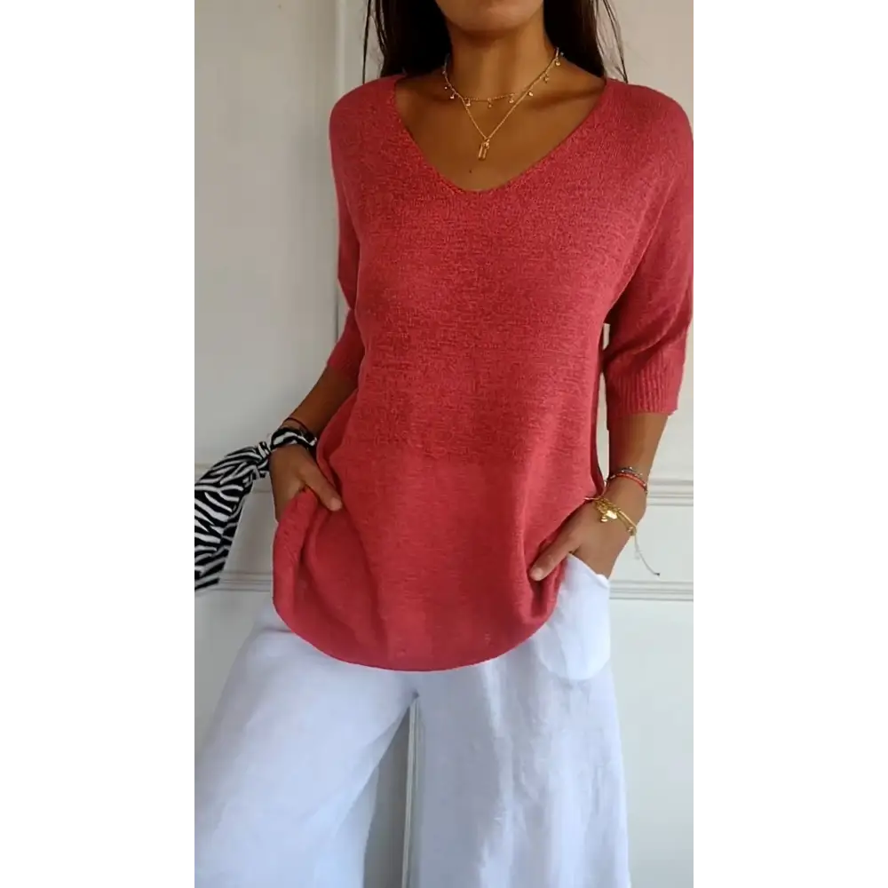 Blusa de Malha com Decote em V de Cor Sólida