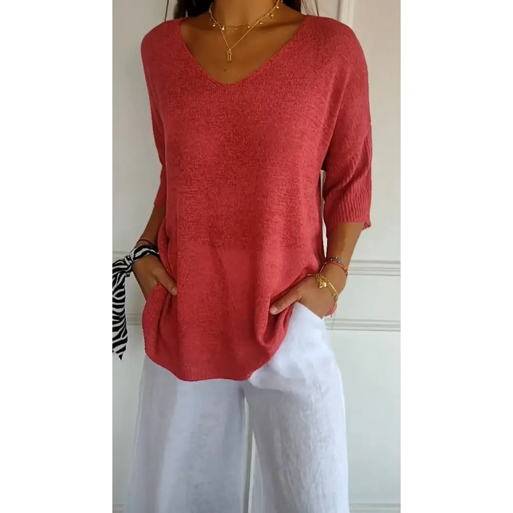 Blusa de Malha com Decote em V de Cor Sólida