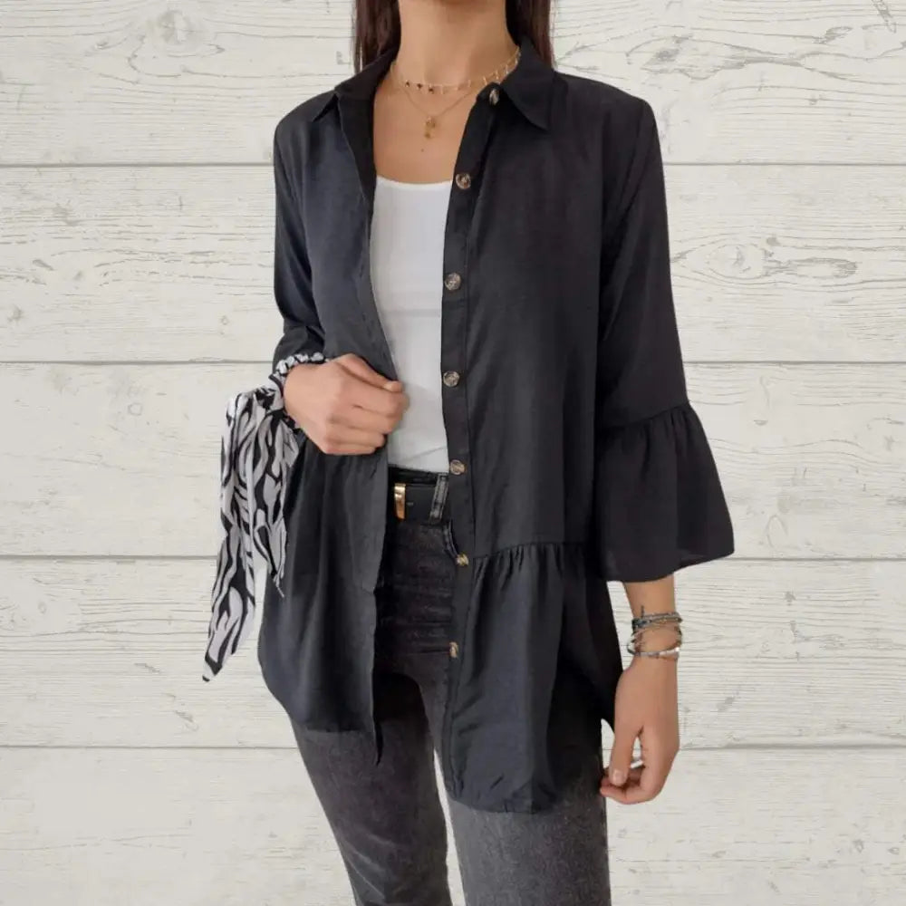 Camisa Feminina Casual com Gola de Lapela e Manga Flare