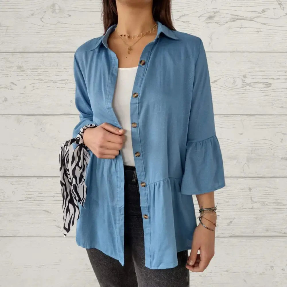 Camisa Feminina Casual com Gola de Lapela e Manga Flare