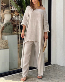 Conjunto Feminino Linho Blusa Longa e Calça Solta Geovana