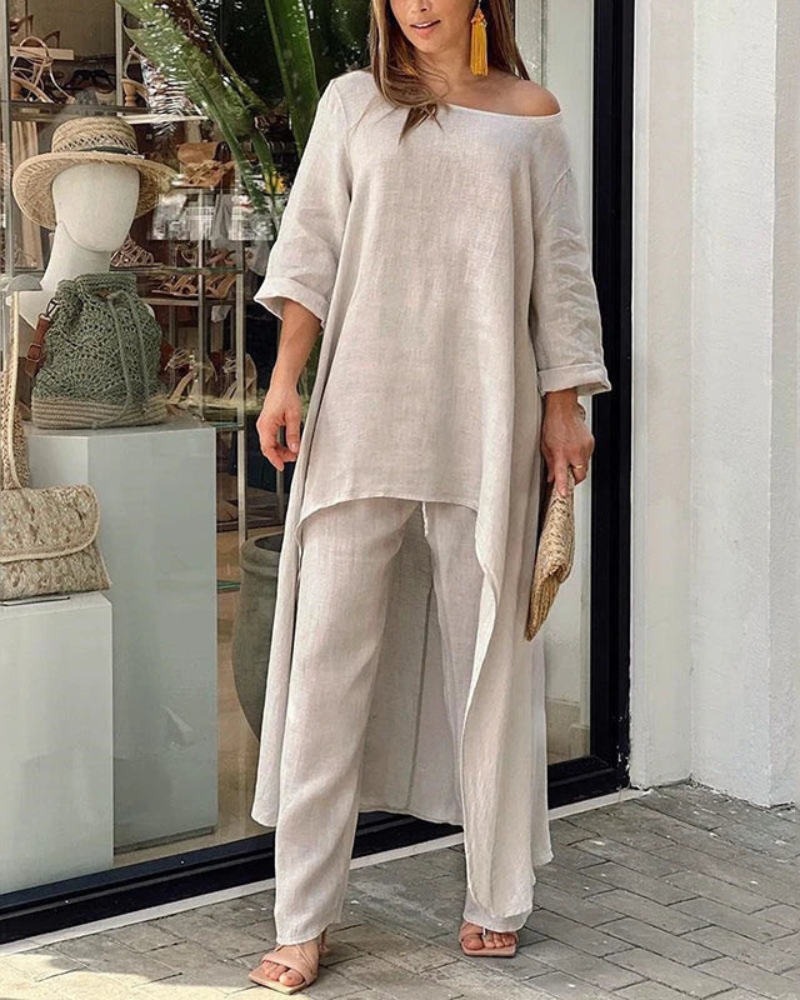 Conjunto Feminino Linho Blusa Longa e Calça Solta Geovana