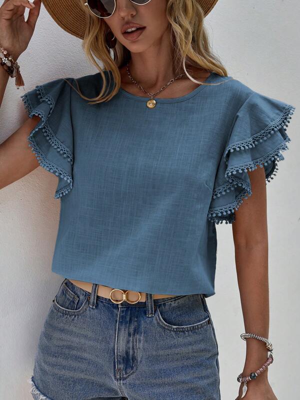 Camisa Feminina Manga Curta Babado