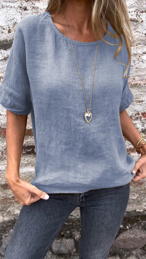 Blusa de Algodão e Linho com Gola Redonda e Mangas Curtas