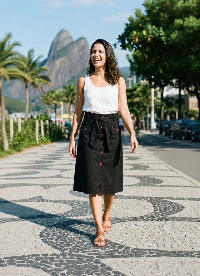 Saia Casual Cintura Alta Botões e Bolsos