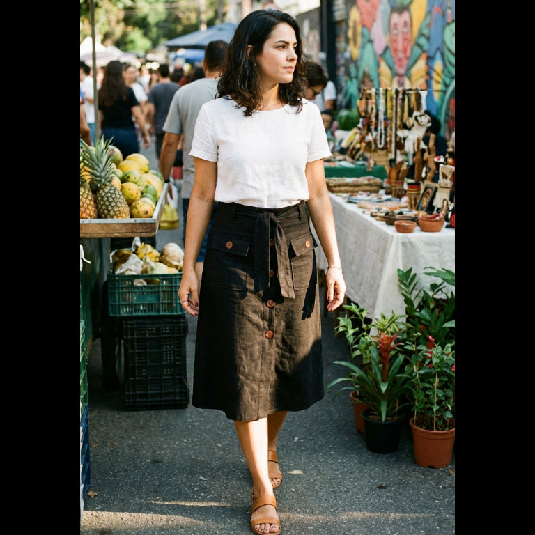 Saia Casual Cintura Alta Botões e Bolsos