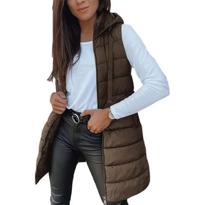 Colete Longo Feminino Puffer Matelassado com Capuz