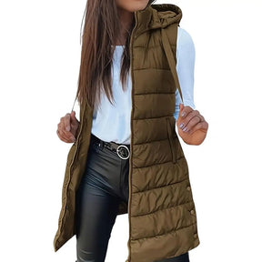 Colete Longo Feminino Puffer Matelassado com Capuz