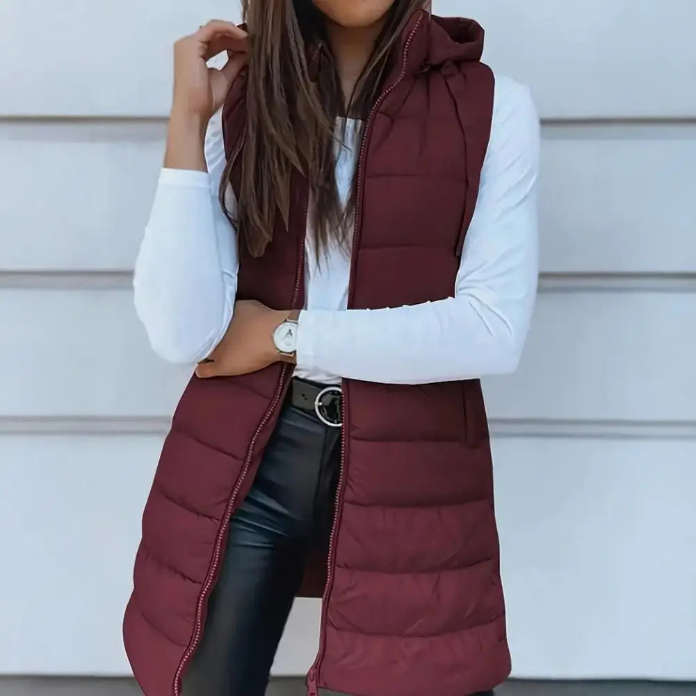 Colete Longo Feminino Puffer Matelassado com Capuz