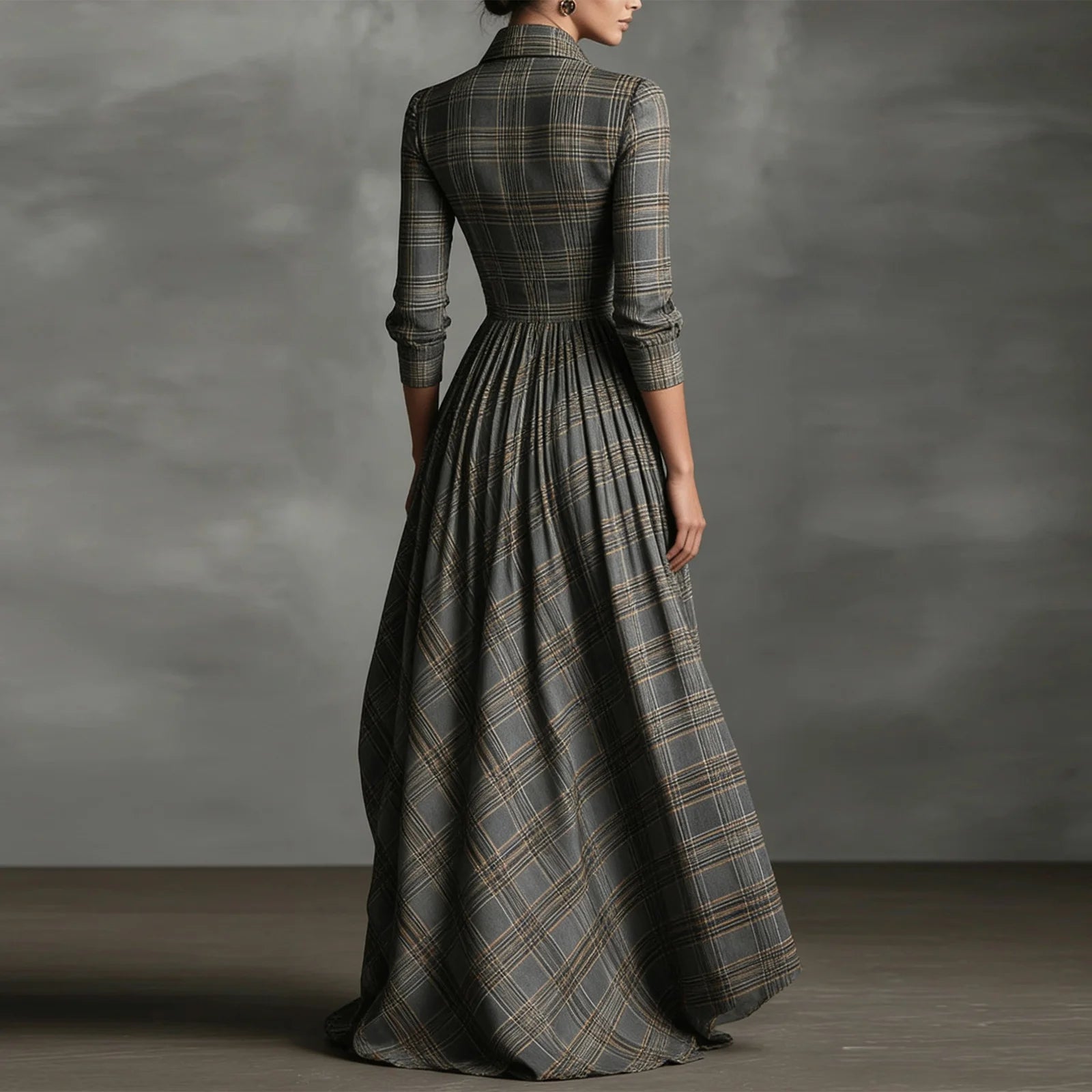 Vestido Longo Xadrez Elegante com Botões e Bolsos – Estilo Clássico Sofisticado