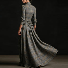Vestido Longo Xadrez Elegante com Botões e Bolsos – Estilo Clássico Sofisticado
