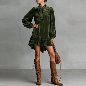 Vestido Curto Feminino Elegante com Babado – Manga Longa e Estilo Moderno