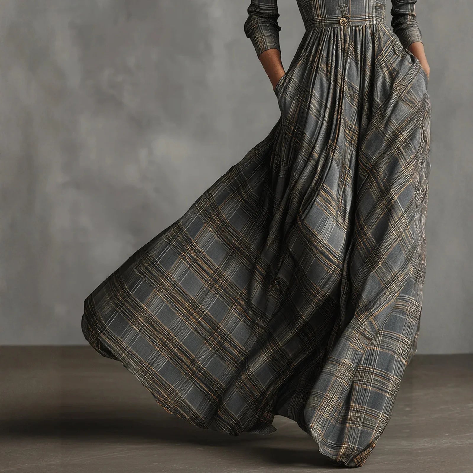 Vestido Longo Xadrez Elegante com Botões e Bolsos – Estilo Clássico Sofisticado