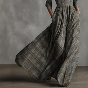 Vestido Longo Xadrez Elegante com Botões e Bolsos – Estilo Clássico Sofisticado