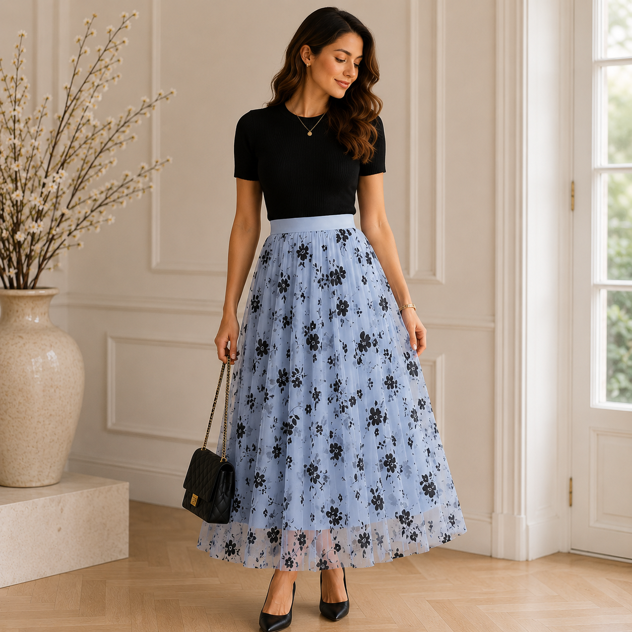 Saia de Tule Floral Midi