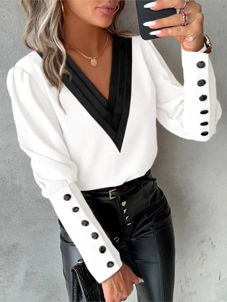 Camisa Social Feminina Decote V Manga Longa