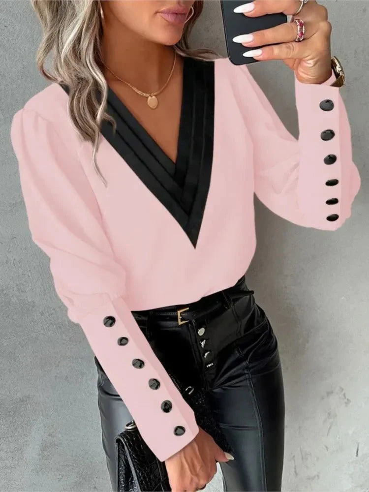 Camisa Social Feminina Decote V Manga Longa