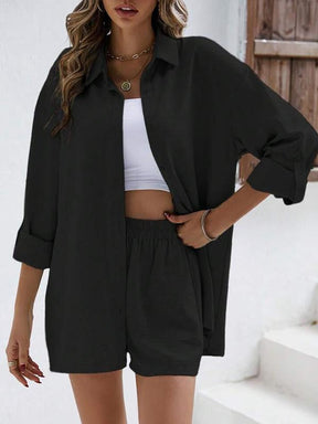 Conjunto Casual de Camisa de Manga Longa com Lapela  e Shorts de Cintura Alta