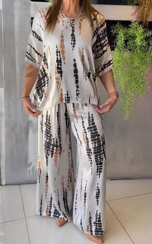 Conjunto Casual de Cetim com Gola Redonda de Duas Peças - ChicSoul