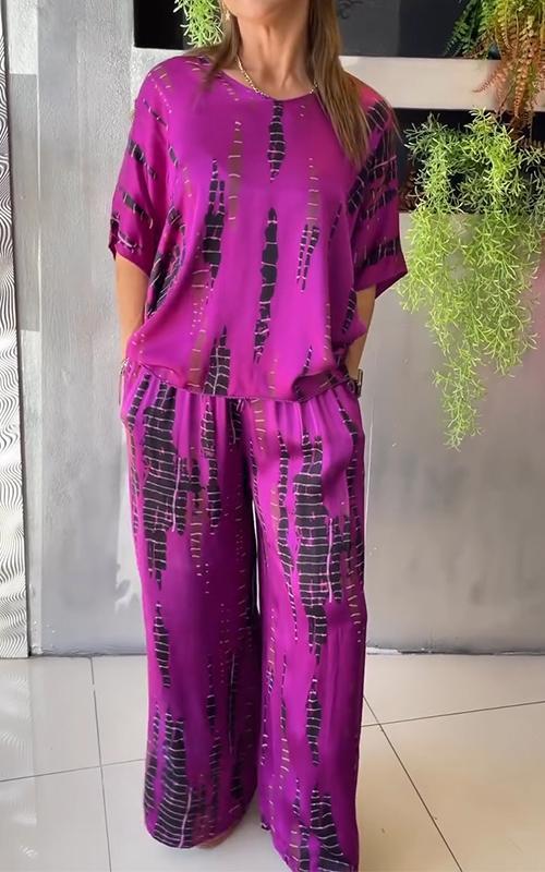 Conjunto Casual de Cetim com Gola Redonda de Duas Peças