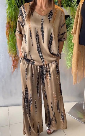 Conjunto Casual de Cetim com Gola Redonda de Duas Peças