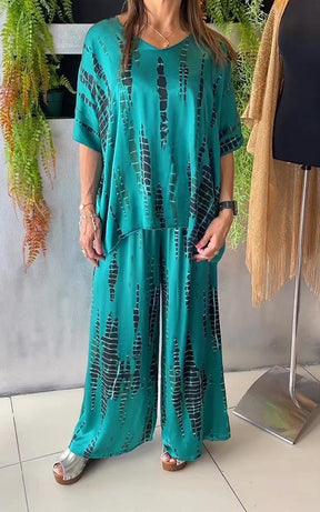 Conjunto Casual de Cetim com Gola Redonda de Duas Peças