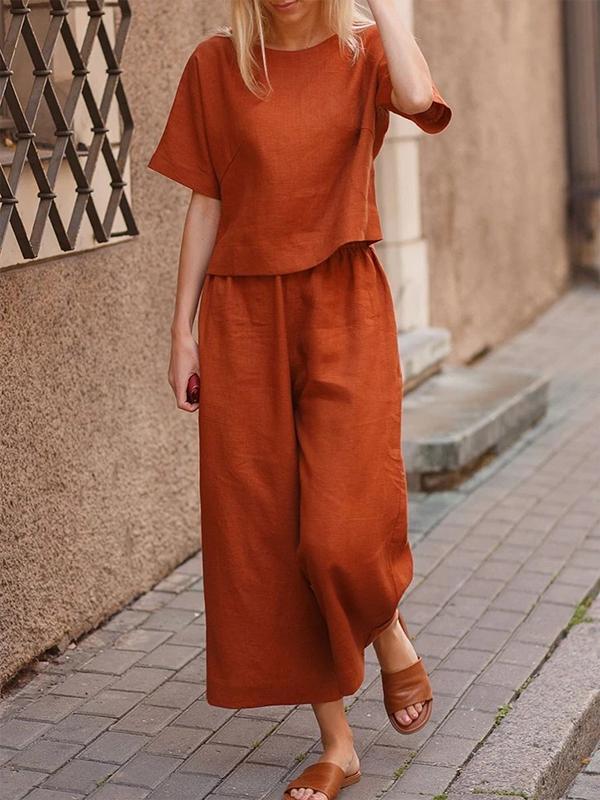 Conjunto de Duas Peças com Camisa Solta de Cor Sólida e Calças - ChicSoul