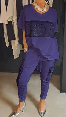 Conjunto de Duas Peças com Lantejoulas e Gola Redonda Casual