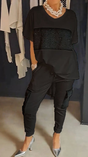 Conjunto de Duas Peças com Lantejoulas e Gola Redonda Casual