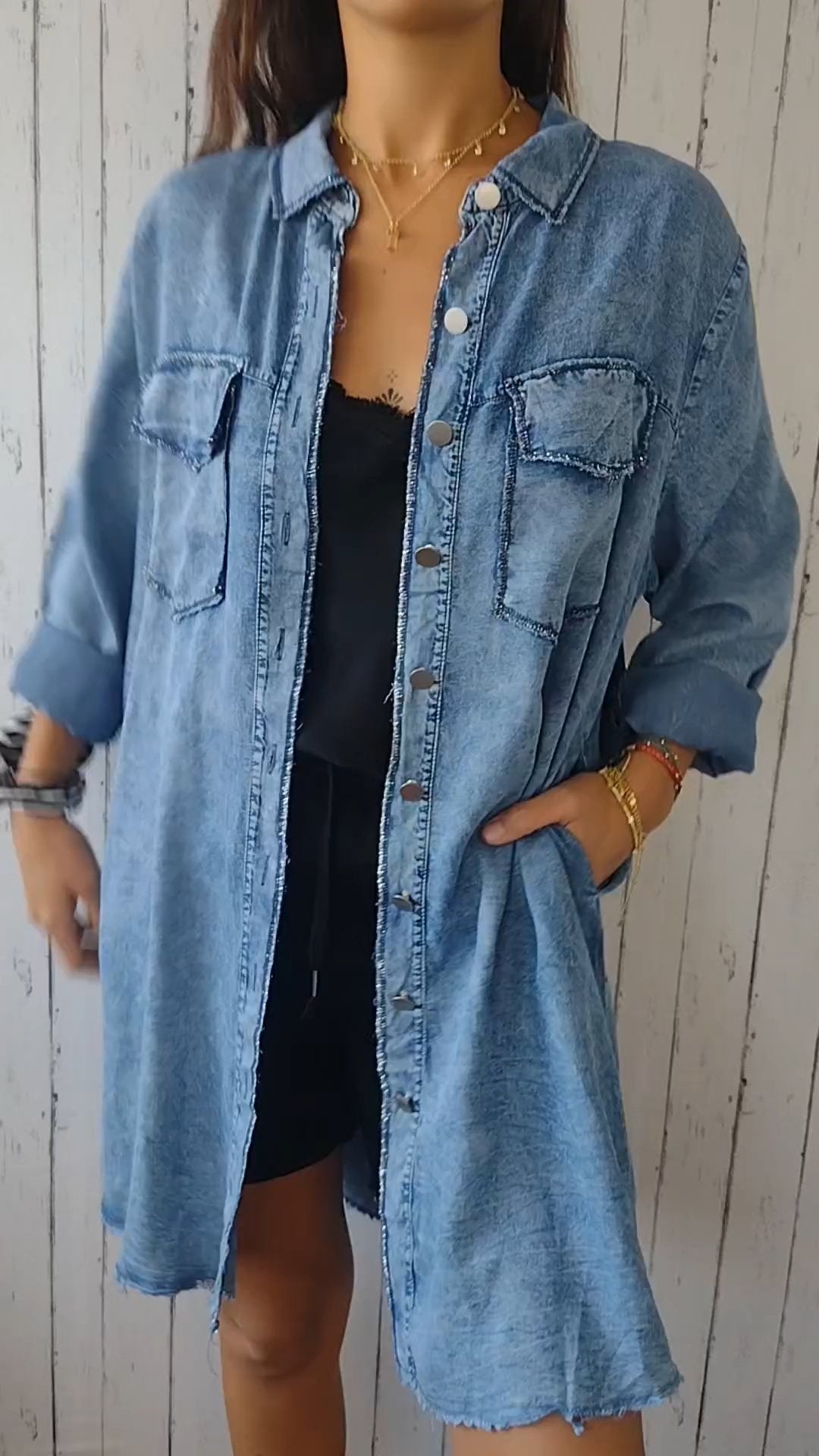 Camisa Longa Confortável de Jeans Falso