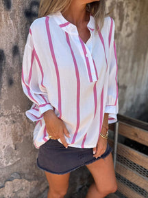 Camisa de algodão e linho listrada com meia gola