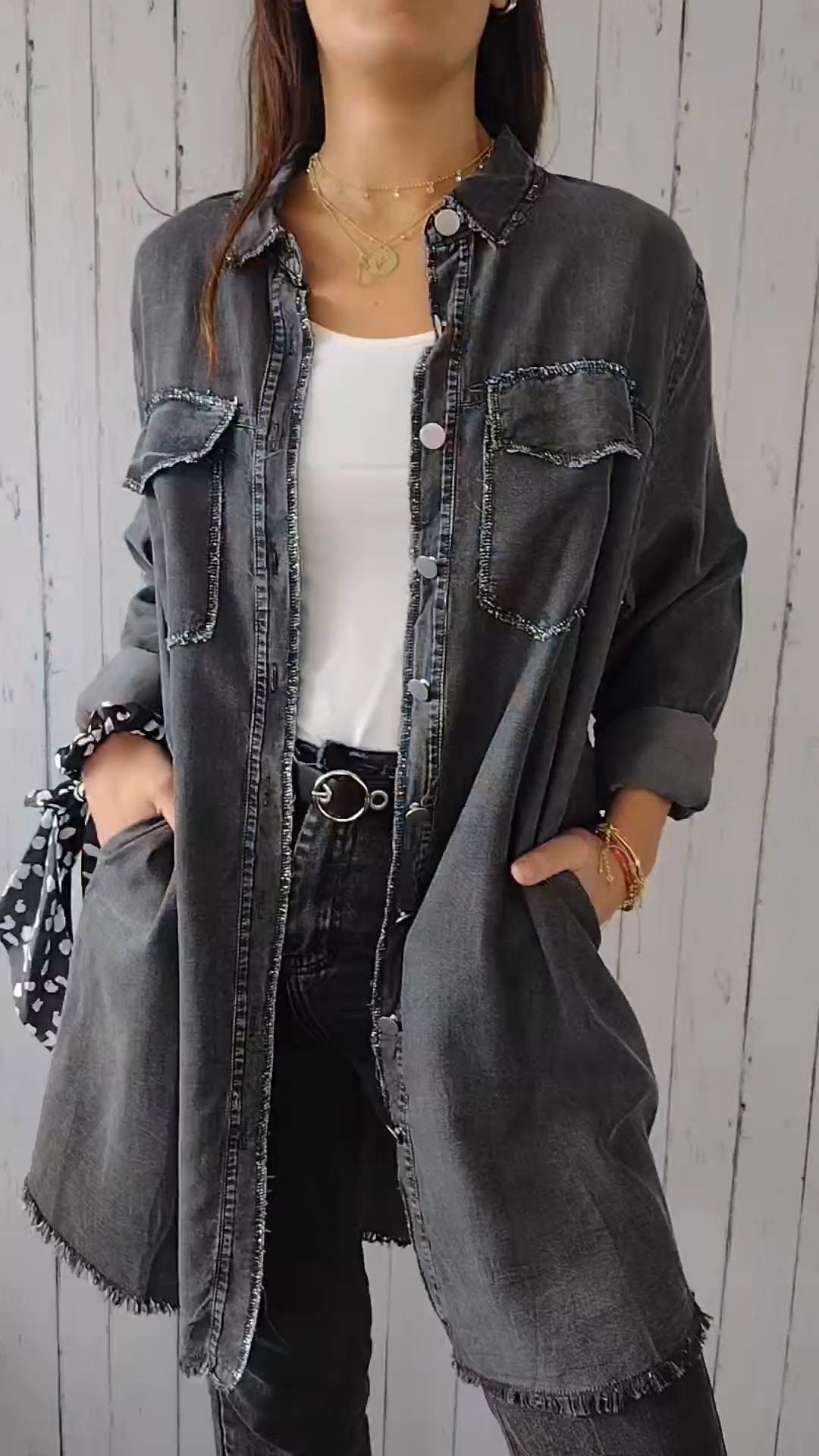 Camisa Longa Confortável de Jeans Falso