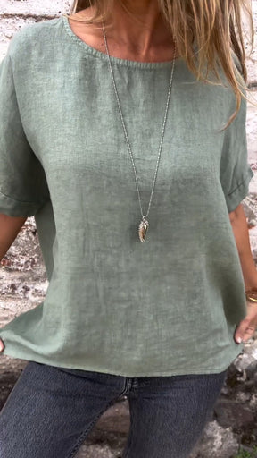 Blusa de Algodão e Linho com Gola Redonda e Mangas Curtas
