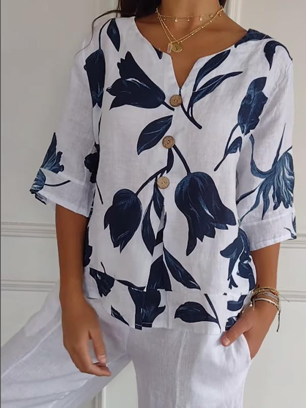 Camisa casual feminina de algodão e linho com estampa