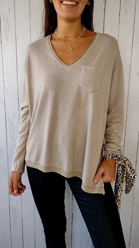 Blusa Casual de Malha com Mangas Compridas e Decote em V