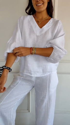 Camisa de Algodão e Linho com Mangas Bufantes