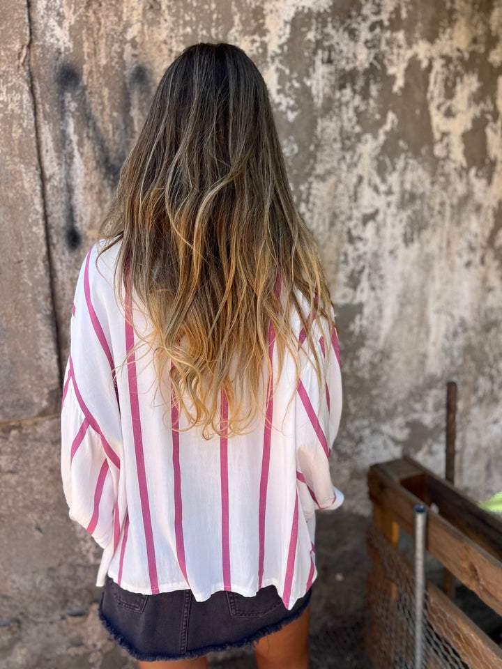 Camisa de Algodão e Linho Listrada com Meia Gola ChicSoul - detalhe 2