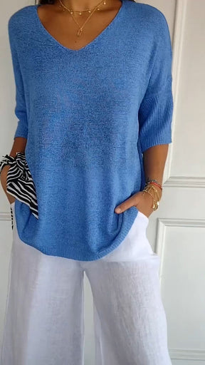 Blusa de Malha com Decote em V de Cor Sólida