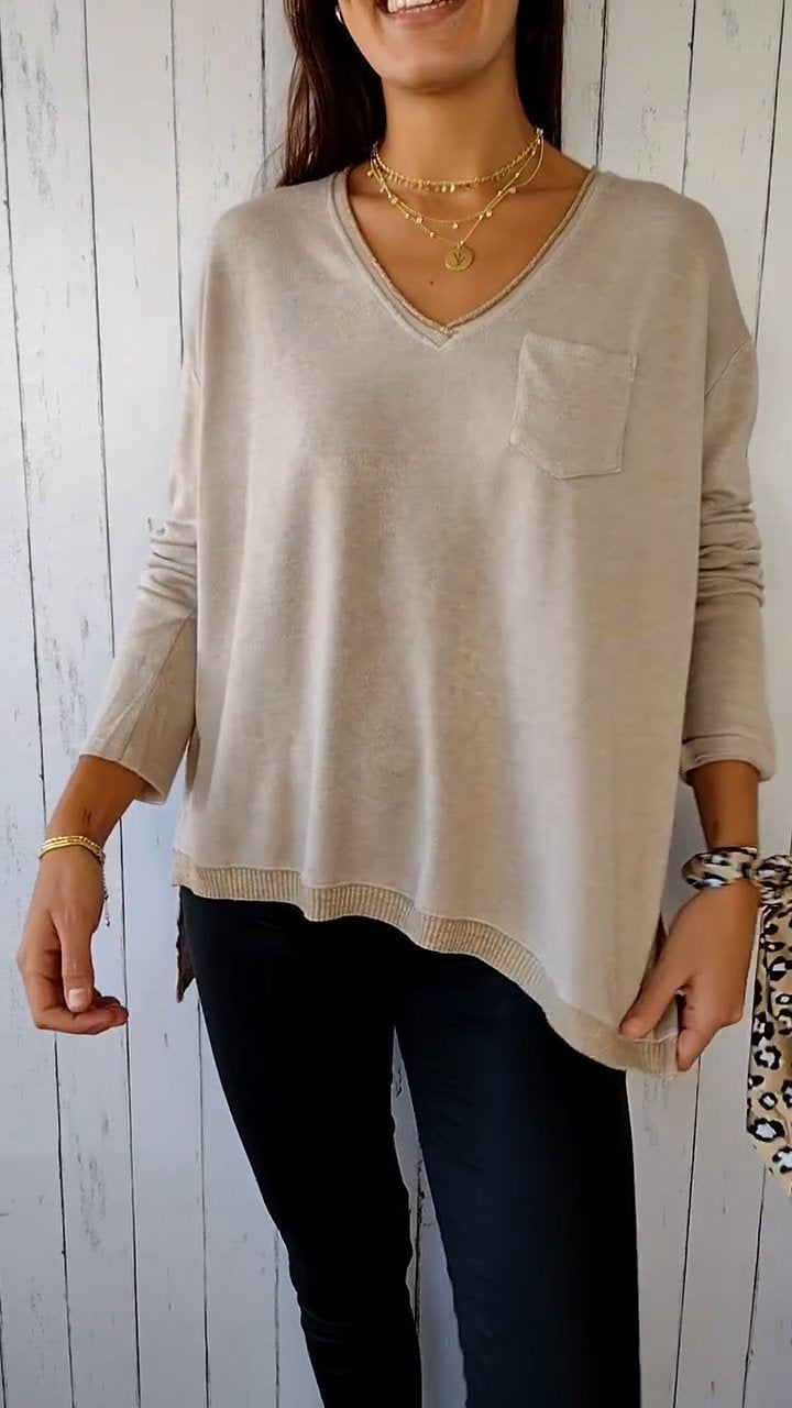 Blusa Casual de Malha com Mangas Compridas e Decote em V