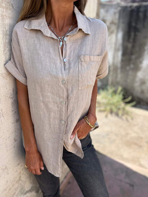 Camisa casual de algodão e linho com lapela