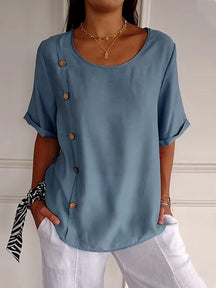 Camisa casual feminina de algodão e linho com design de botões
