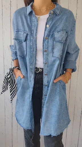 Camisa Longa Confortável de Jeans Falso