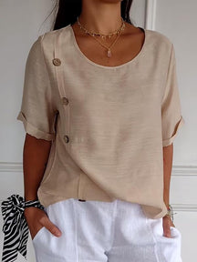 Camisa casual feminina de algodão e linho com design de botões