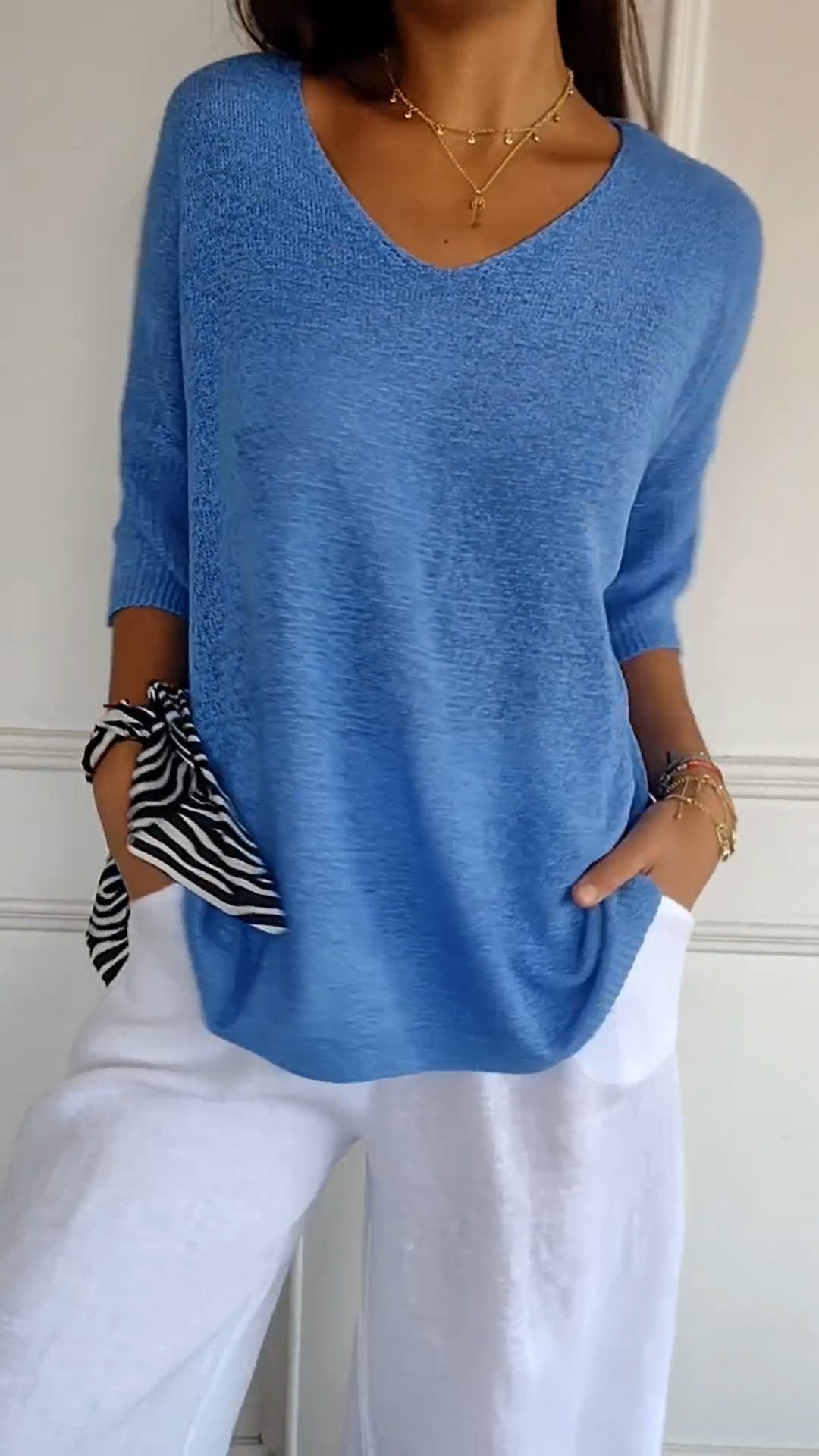 Blusa de Malha com Decote em V de Cor Sólida