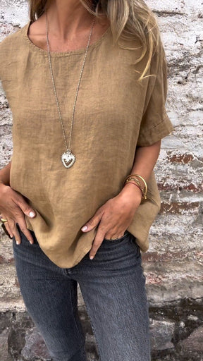 Blusa de Algodão e Linho com Gola Redonda e Mangas Curtas