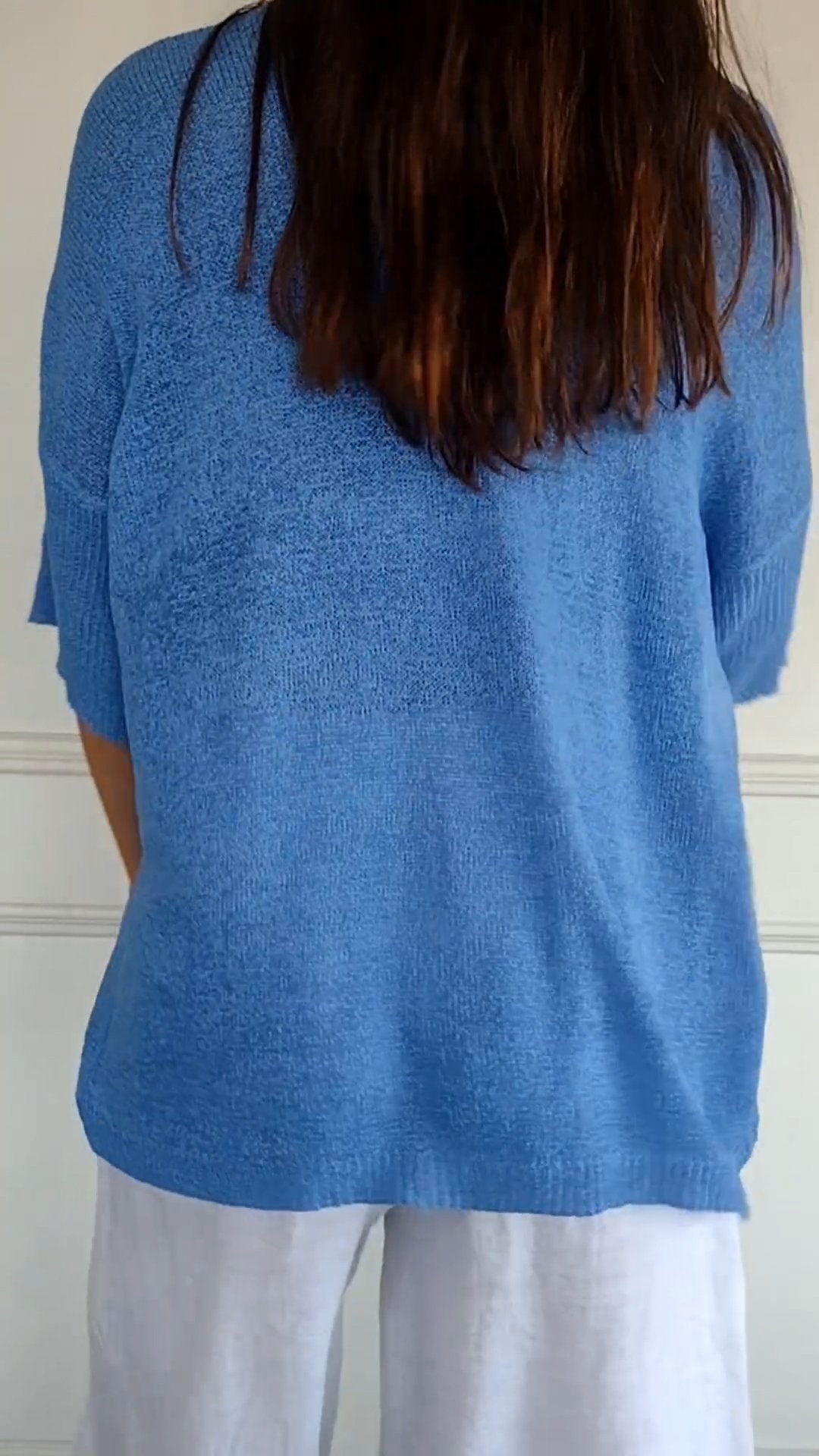 Blusa de Malha com Decote em V de Cor Sólida