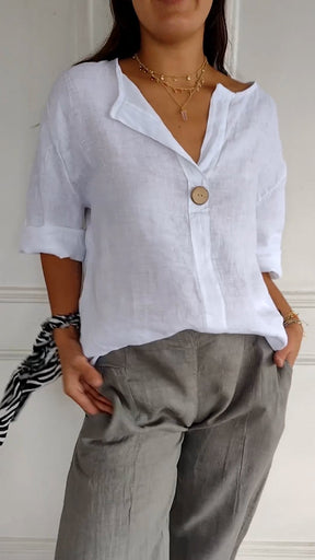 Blusa confortável de algodão e linho com decote em V
