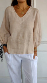 Camisa de Algodão e Linho com Mangas Bufantes