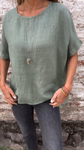 Blusa de Algodão e Linho com Gola Redonda e Mangas Curtas
